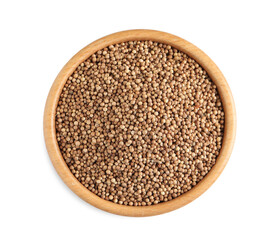 Dried coriander seeds in wooden bowl on white background, top view