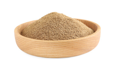 Wooden bowl with powdered coriander on white background