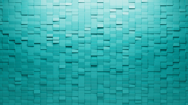 3D, Semigloss Mosaic Tiles arranged in the shape of a wall. Rectangular, Polished, Bricks stacked to create a Teal block background. 3D Render