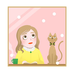 An illustration of a girl and a cat looking outside of the window