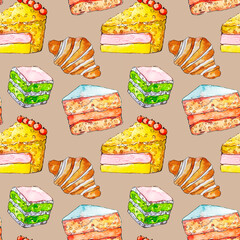 Seamless pattern with croissants and cakes. Hand-drawn in watercolor. Pattern with sweets and pastries.