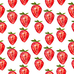Seamless pattern with strawberries. Hand-drawn watercolor bright red strawberry. Fruit pattern.