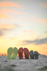 Family beach shoes standing on the beach in the sunset. Holiday
