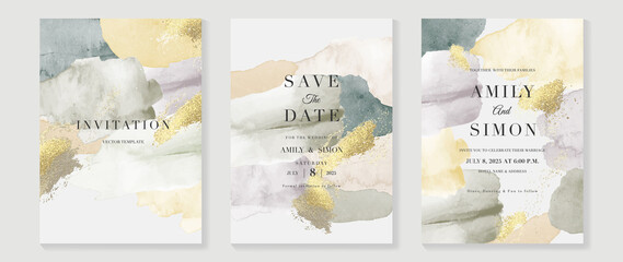 Elegant abstract watercolor wedding invitations vector set. Luxury gold and hand painted watercolor background decoration for save the date, greeting card, poster and cover design template.