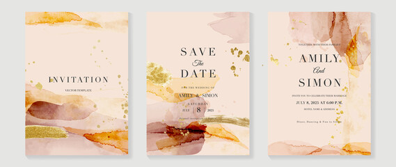 Elegant abstract watercolor wedding invitations vector set. Luxury gold and hand painted watercolor background decoration for save the date, greeting card, poster and cover design template.