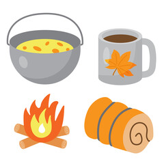 Set of touristic and camping equipment. Food pot, metallic cup or mug with tea, bonfire and sleeping bag. Things for active vacations. Luggage icons for travel, journey and hike