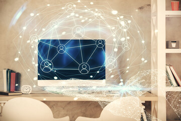 Double exposure of social network theme drawing and office interior background. Concept of web.