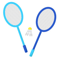 Two badminton rackets and shuttlecock. Set for playing sport game. Volant and badminton racquets in simple flat style. Illustration for books, magazines, sport shops. Active lifestyle concept