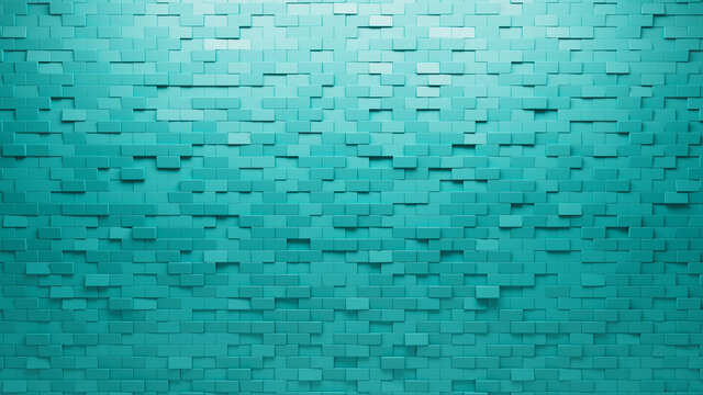 Teal, Polished Mosaic Tiles arranged in the shape of a wall. 3D, Rectangular, Bricks stacked to create a Semigloss block background. 3D Render