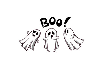 Happy Halloween vector lettering and cheerful illustration. Festive banner with calligraphy. Party invitations. Vector illustration.