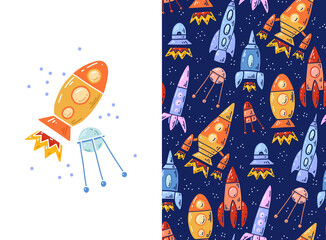 Set of card and pattern with cartoon contour space ships and satellite. Outline technological ships. Vector childish postcard and texture of space shuttle and rockets