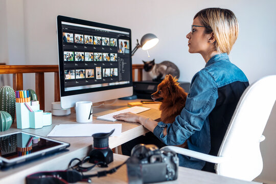 Female vlogger using computer during video conference in living room