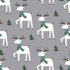holiday seamless pattern with deer, tree, present. Merry Christmas. Colorful vector, flat style. design for fabric, print, wrapper