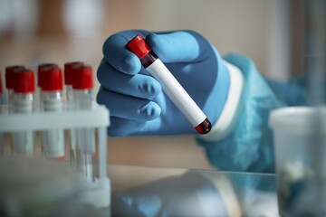 Scientist hold blood sample tube for A covid-19 vaccine. Doctor's hand holds a bottle with a...