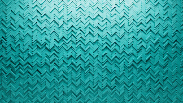 Herringbone, Semigloss Mosaic Tiles arranged in the shape of a wall. Teal, 3D, Bricks stacked to create a Polished block background. 3D Render