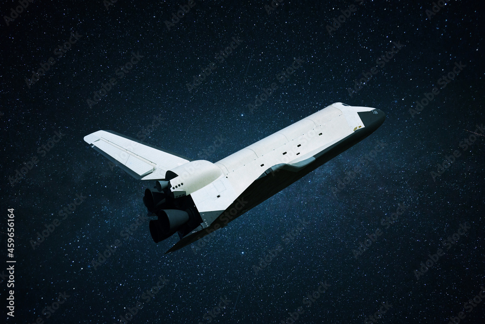 Poster .space shuttle in the starry sky in deep space. beginning of space missions concept. rocket flies