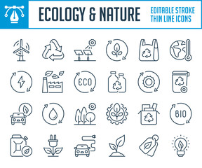 Ecology, Environment and Nature thin line icons. Recycling and Alternative and Renewable energy sources outline icon set. Editable stroke icons.