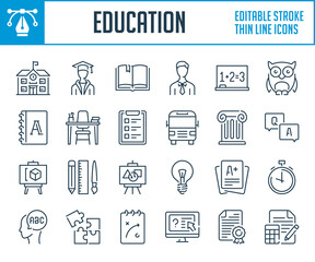 Education and Learning thin line icons. Study and Training outline icon set. Editable stroke icons.