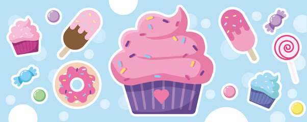 Illustration with goodies. Cupcakes, muffins, ice cream, donut, lollipop, candy
