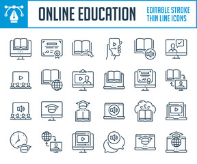 Online Education and Distance learning thin line icons. Study and Webinar from a computer, Online course and Video lessons outline icon set. Editable stroke icons.