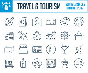 Travel, Tourism and Vacation thin line icons. Holiday and Journey outline icon set. Editable stroke icons.