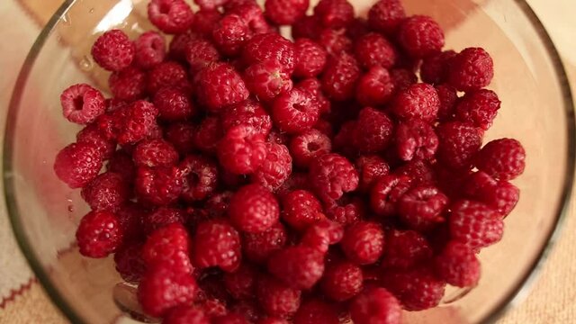 Fresh, Juicy Raspberry Background, Ripe. Macro Red Raspberries Fruit. Fresh Raspberry Fruits As Food Dackground. Healthy Food Organic Nutrition.