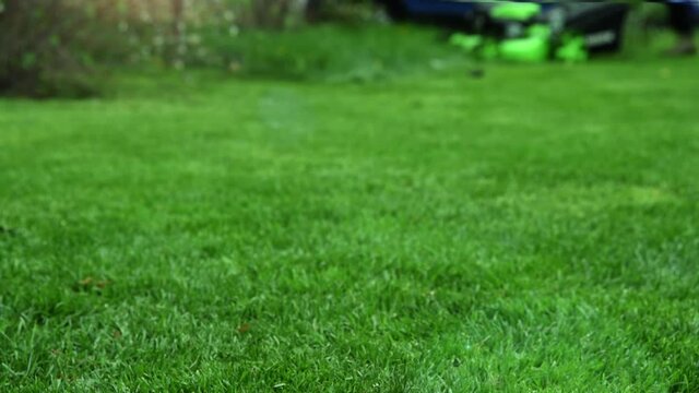 lawn mower in the garden in blur in the background