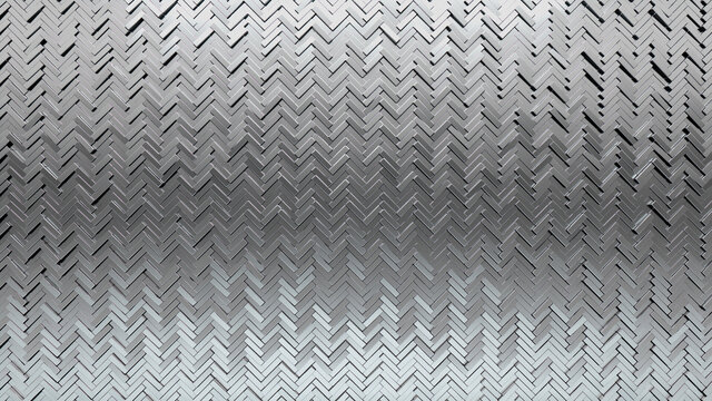Herringbone, Glossy Mosaic Tiles arranged in the shape of a wall. Polished, 3D, Bullion stacked to create a Silver block background. 3D Render