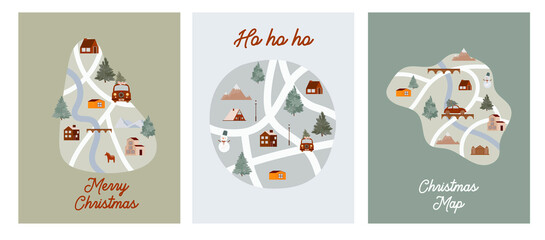 Collection of Holidays greeting cards with Christmas maps with houses, forest, mountain, animals, cars, trucks. Guide for Christmas market. Editable vector illustration.