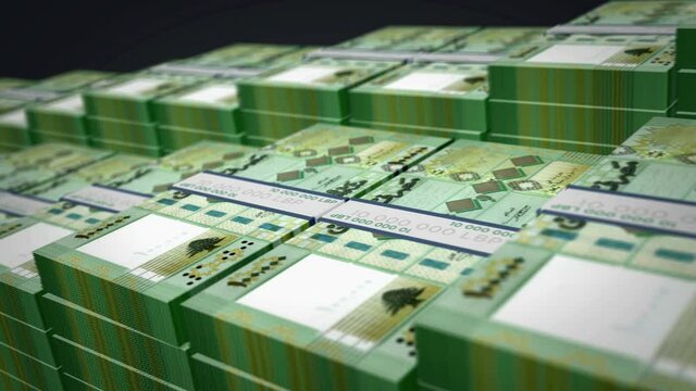 Lebanon pound banknote bundle growth up loop. LBP money stacks. Concept of cash pack, banking, travel, business, economy and finance. Loopable seamless 3d animation.