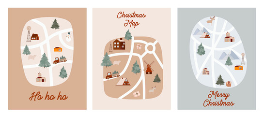 Collection of Holidays greeting cards with Christmas maps with houses, forest, mountain, animals, cars, trucks. Guide for Christmas market. Editable vector illustration.