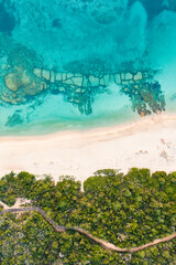 View from above, stunning aerial view of a green coastline with a white sand beach bathed by a turquoise, crystal clear water. Liscia Ruja,Sardinia, Italy..