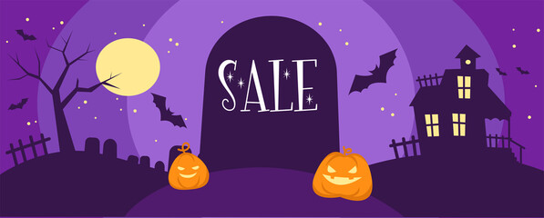 Illustrated Halloween banner. Halloween discounts
