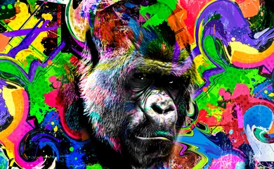Poster Colorful artistic monkey's head on background with colorful creative elements © reznik_val
