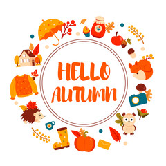 Set of autumn elements with lettering. Template for design. Vector illustration on isolated background.