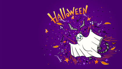 Happy Halloween vector lettering and cheerful illustration. Festive banner with calligraphy. Party invitations. Vector illustration.