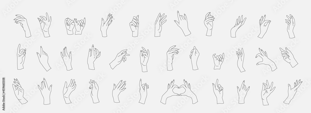 Wall mural set of vector female beauty hand. editable outline stroke size. line flat contour, thin and linear d