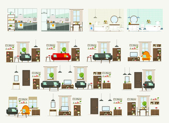 set with interiors, bathroom, living room and bedroom, flat vector illustration of rooms with furniture