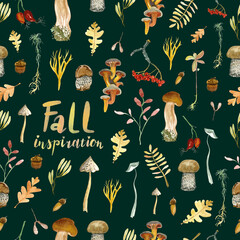 The fall forest watercolour hand drawn seamless pattern
