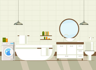 Fototapeta na wymiar bathroom interior with bath, toilet, washbasin, mirror, shelves, towels. flat vector illustration