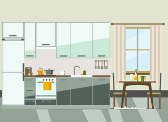 kitchen interior with furniture and equipment , flat vector illustration