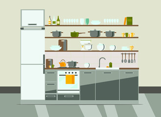 kitchen interior with furniture and equipment , flat vector illustration