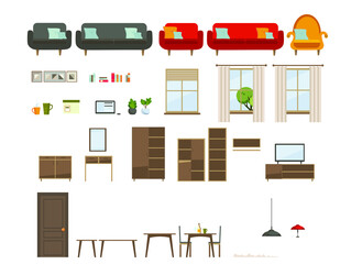 set of living room furniture (sofa, armchair, table, window, lamps, houseplants, TV, carpet, window, paintings, bookshelves). flat style, vector illustration
