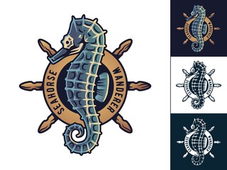 Seahorse and old helm for voyage. Nautical vintage wheel and sea horse for sticker and sea print. Ocean design for wanderlust and adventure, explore © Casoalfonso