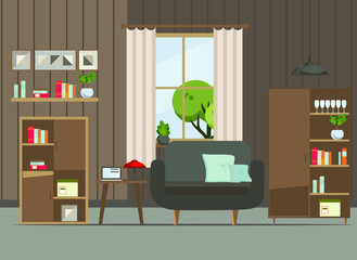 living room interior with furniture  (sofa, window, table, shelves with books and home flowers, floor lamp). flat cartoon vector illustration