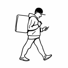 Delivery man walking. Courier on foot with parcel box checking order with smartphone. Vector illustration.