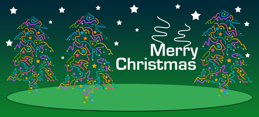 Fototapeta na wymiar Merry Christmas Green Background Lines Stars Trees 