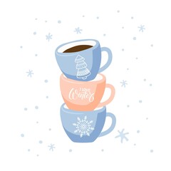 Stack of hot drinks cups with winter holiday symbols. Hot cocoa, Cappuccino for Christmas on snowy background. Festive beverage symbol. I love Winter card Template. Vector illustration in flat style.