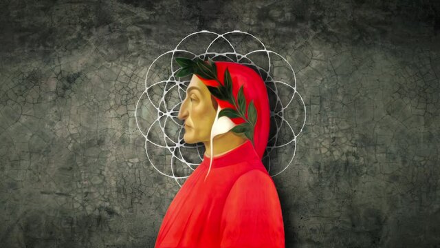 Dante Alighieri profile animated illustration on abstract geometric and weathered wall background