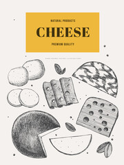 Large set of hand-drawn hard and soft cheeses on a light background. Mozzarella, Gouda, Finnish cheese, Maasdam slices. Retro picture for the menu of restaurants, markets, shops. Vector illustration.